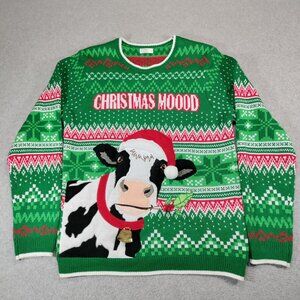 Holiday Time Sweater Adult Large Green Christmas Mooood Cow Santa Ugly Christmas
